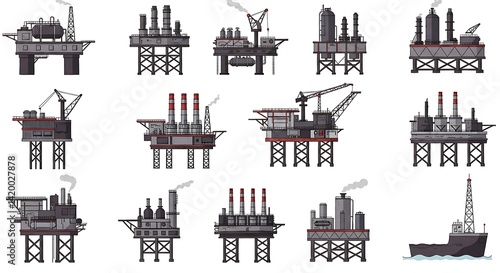 Illustrations of Offshore Oil Platforms and a Service Vessel