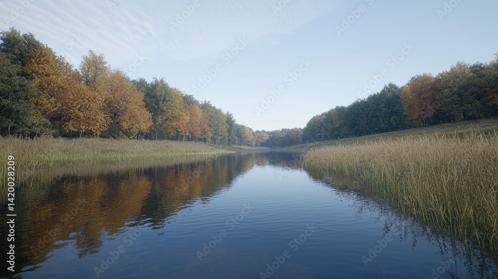 Serene autumnal river scene. Tranquil waters reflect vibrant fall foliage Serene autumnal river scene. Tranquil waters reflect vibrant fall foliage