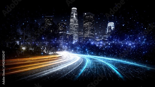 City Skyline at Night with Light Streaks and Starry Sky Creating a Futuristic Vibe