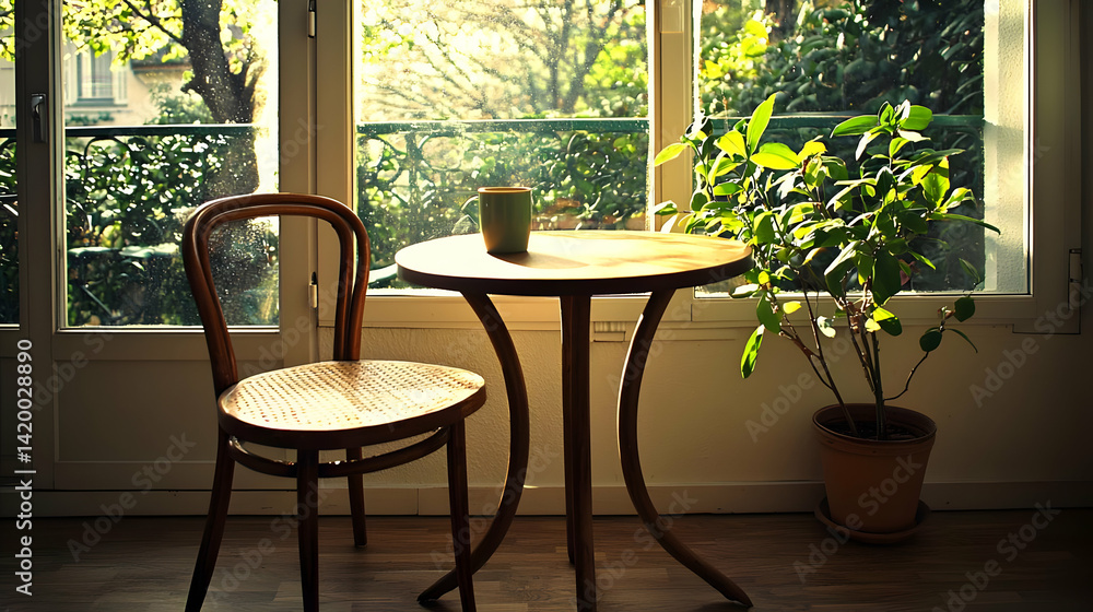 Fototapeta premium Cozy Interior With Wooden Table And Chair Near Window