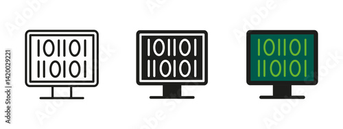 Binary code icon. Monitor with digital ones and zeros vector illustration. Programming and data processing symbol. Technology interface pictogram for coding, software development and system algorithms