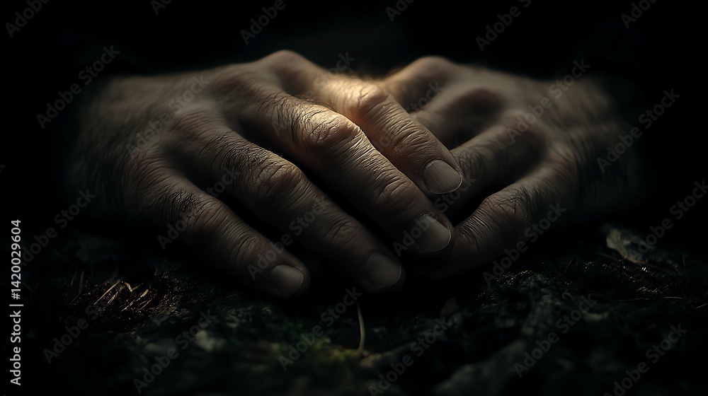Fototapeta premium Clasped Hands in Dim Light Revealing Wisdom and Peace on Textured Surface of the Earth and Growth.