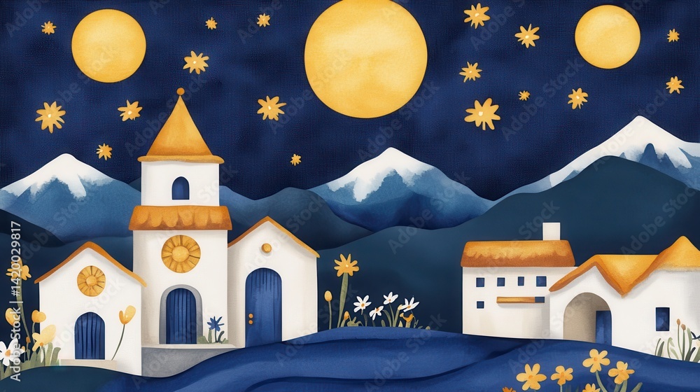 Naklejka premium Moonlit village nestled among starlit mountains under 3 moons