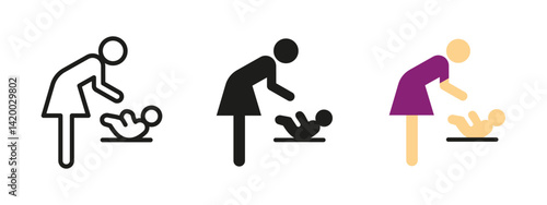 Baby changing icon. Mother leaning over to care for infant on changing table vector illustration. Parental support symbol for maternity rooms, restrooms and family-friendly spaces.