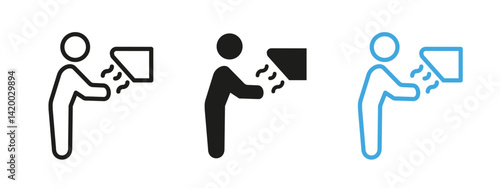 Drying hands icon. Person using air dryer vector illustration. Hygiene and cleanliness symbol for public restrooms. Hand sanitation pictogram promoting health and safety practices.