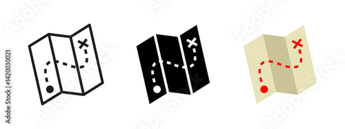 Treasure map icon. Folded map with dotted route and X mark vector illustration. Navigation and exploration symbol for travel or game design. Adventure journey pictogram with marked destination.