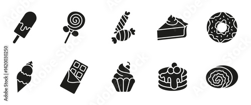 Dessert icon set. Black sweet treats and sugary snacks vector illustration. Candy, cupcake, donut and chocolate pictograms. Sweets collection symbol for food menu, confectionery or culinary glyphs.