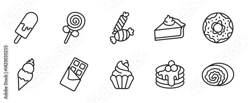 Dessert icon set. Line sweet treats and sugary snacks vector illustration. Candy, cupcake, donut and chocolate pictograms. Sweets collection symbol for food menu, confectionery or culinary design.