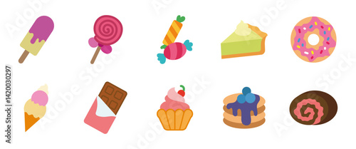 Dessert icon set. Colorful sweet treats and sugary snacks vector illustration. Candy, cupcake, donut and chocolate pictograms. Cartoon sweets collection symbol for food menu, confectionery or culinary