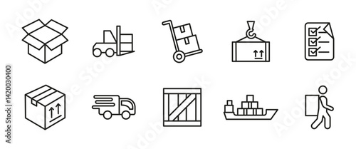 Delivery icon set. Shipping and logistics outline vector illustration. Package, truck and cargo symbol. Line supply chain pictograms for warehouse operations, freight services and inventory management
