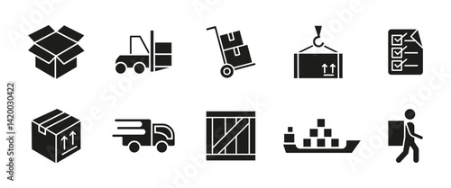 Delivery icon set. Shipping and logistics black vector illustration. Package, truck and cargo symbol. Glyph supply chain pictograms for warehouse operations, freight services and inventory management.