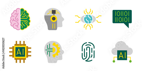 AI icon set. Artificial intelligence and machine learning colored vector illustration. Collection of neural network, chip, fingerprint and cloud computing symbols. Futuristic technology pictogram.