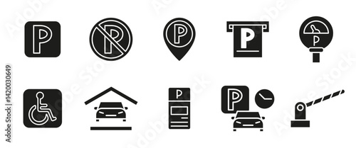 Parking icon set. Black parking signs and symbols including disabled access, location pin, meter and ticket machine. Useful for maps, road signs, apps and transport systems glyph icons.