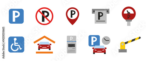 Parking icon set. Colored parking signs and symbols including disabled access, location pin, meter and ticket machine. Useful for maps, road signs, apps and transport systems cartoon colorful icons.