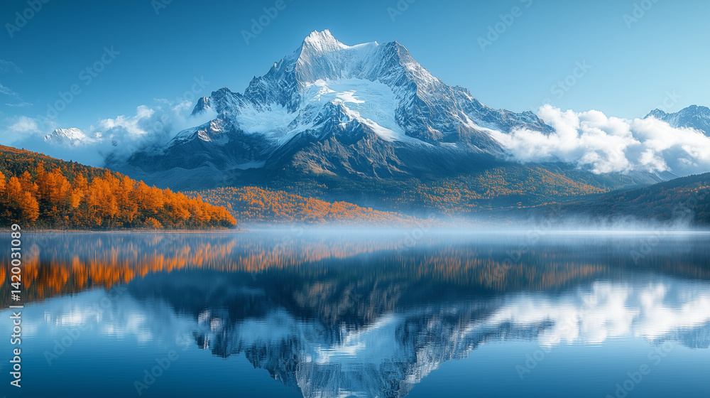 Majestic snow-capped mountain reflected in a tranquil autumn lake, showcasing vibrant orange trees and a misty serene atmosphere under a clear blue sky. Majestic snow-capped mountain reflected in a tranquil autumn lake, showcasing vibrant orange trees and a misty serene atmosphere under a clear blue sky.