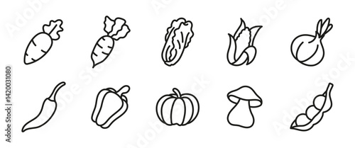 Vegetable line icon set. Outline organic vegetables illustration including carrot, pepper, onion, corn, mushroom and pumpkin. Natural and healthy nutrition symbols.