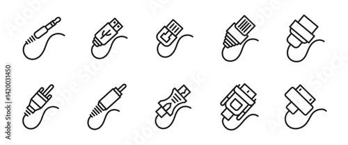 Cable connector icon set. Outline various plugs including USB, HDMI, audio jack and Ethernet types. Line symbol for technology and electronic interface. Perfect for illustrating digital devices.