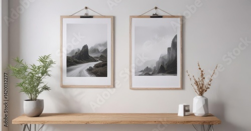 Stylish interior, poster mockup with wooden clips, white wall background, white, space, style