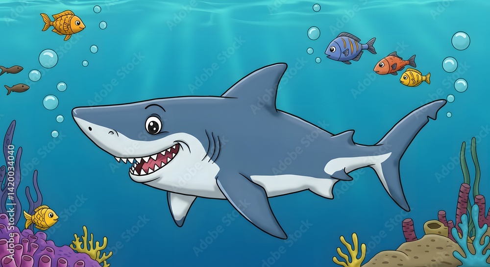 Cartoon Shark Swimming in the Ocean with Fish and Coral Reef Cartoon Shark Swimming in the Ocean with Fish and Coral Reef