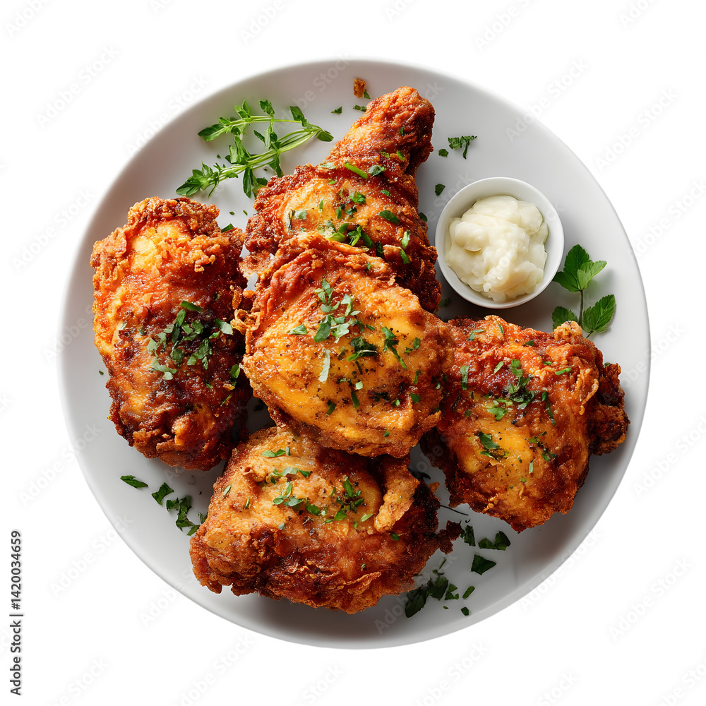 Buttermilk fried chicken with herbs on a plate isolated die cut Buttermilk fried chicken with herbs on a plate isolated die cut