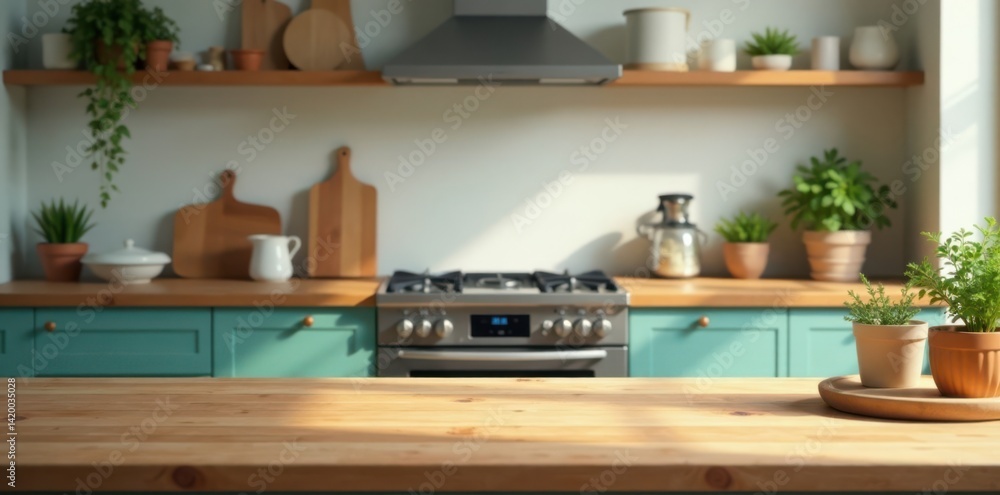 Fototapeta premium Empty kitchen table with cluttered countertops, modern farmhouse, dining area, food prep