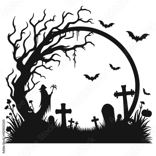 Halloween Haunted Cemetery Vector Silhouette Illustration on White Background with Simple Design