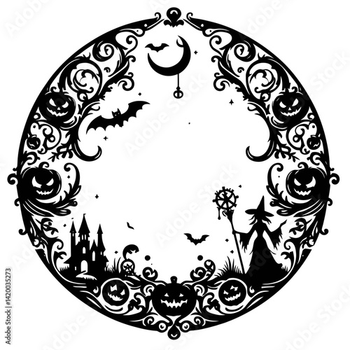 Halloween Vector Silhouette Frame with Mythical Elements, Simple Design on White Background