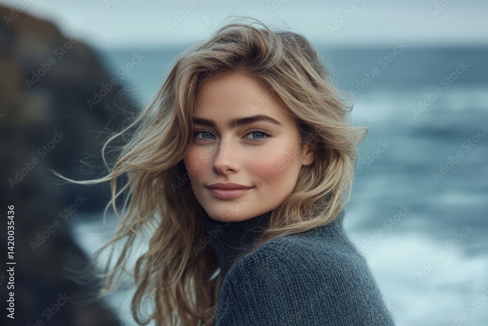 By the ocean, a beautiful woman with long brown hair is bathed in the golden hour light, creating a serene and peaceful coastal scene By the ocean, a beautiful woman with long brown hair is bathed in the golden hour light, creating a serene and peaceful coastal scene