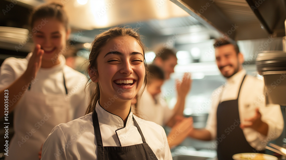 Young culinary student smiling with support from fellow chefs in kitchen environment Young culinary student smiling with support from fellow chefs in kitchen environment
