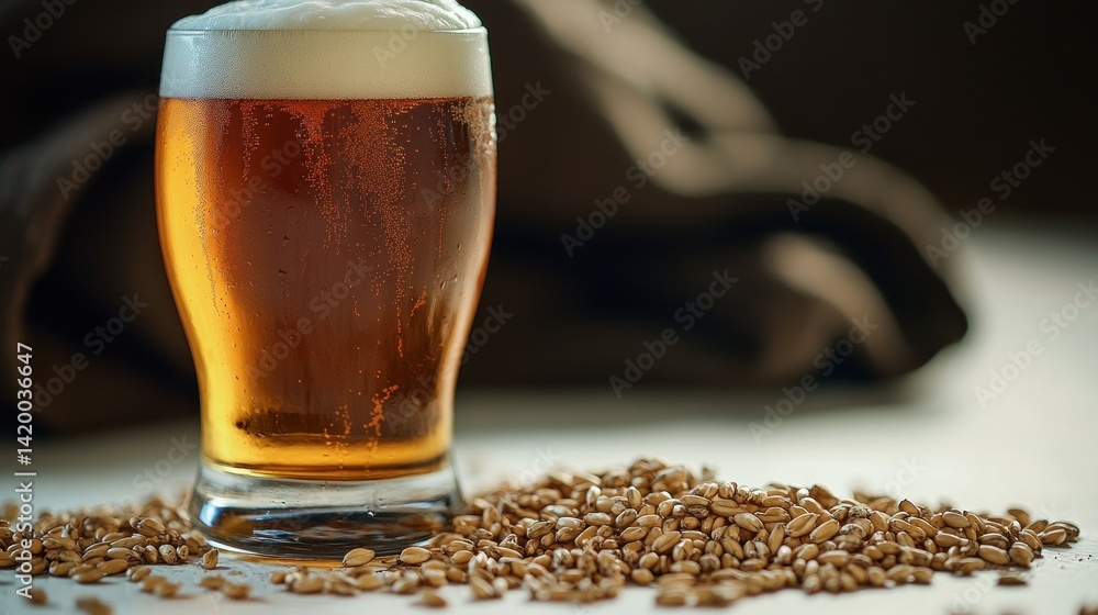 Fototapeta premium Golden beverage with frothy head rests elegantly by scattered grains on wood