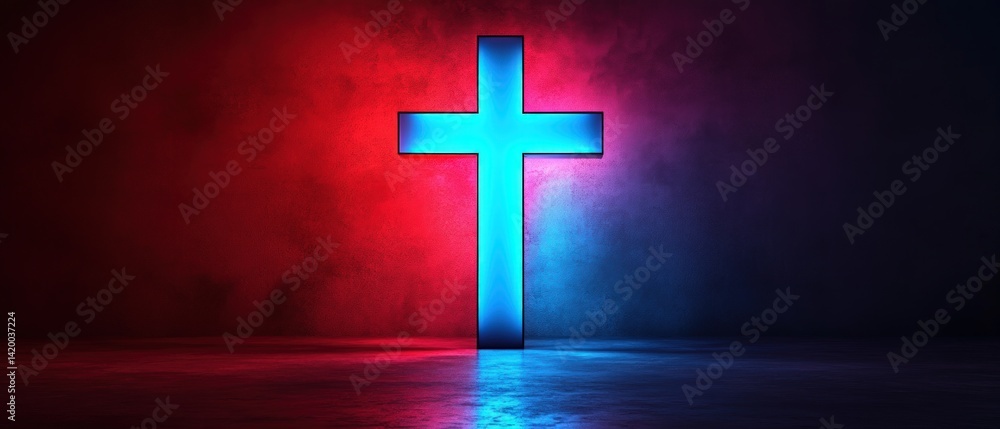 Obraz premium Glowing cross symbol against a red and blue illuminated background.
