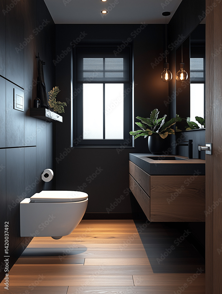 Sleek Bathroom with Black Toilet and Plants