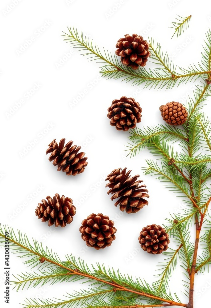 Fototapeta premium A corner arrangement of fresh fir branches and pine cones on a pristine white background, decoration, juniper, botany