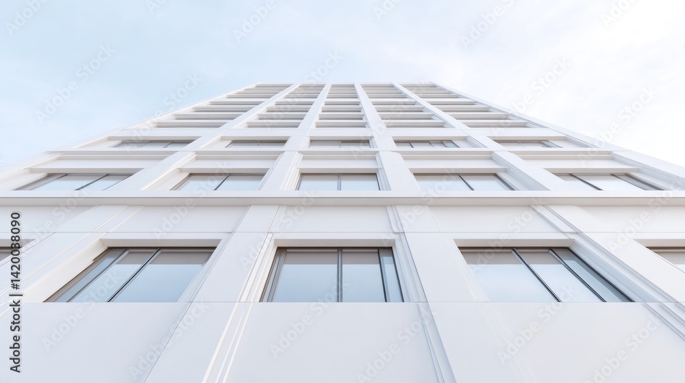 Fototapeta premium Modern high-rise building facade. Clean lines and evenly spaced windows on a white exterior