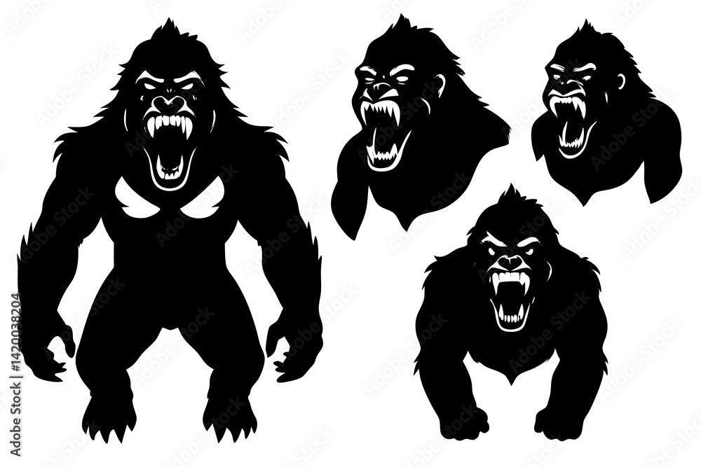 Fototapeta premium set of Angry Gorilla vector silhouette illustration isolated on white background