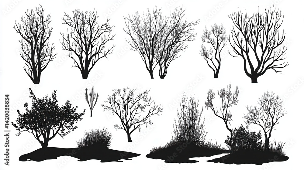 Fototapeta premium set of bush and bare bush, decorative garden plants, silhouettes. Vector illustration