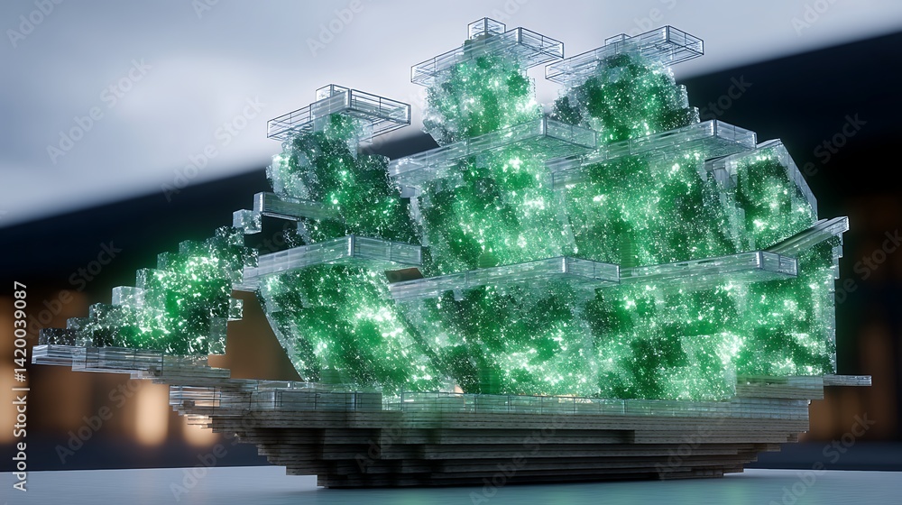 Obraz premium Conceptual Ship Structure with Green Crystals Futuristic Vessel Design and Artistic Display.