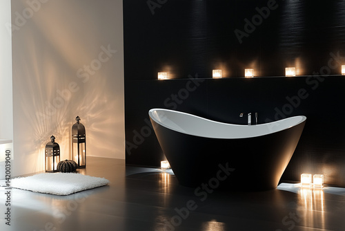Obraz na płótnie Zen Bathroom with Wooden Vanity and Round Mirror w salonie