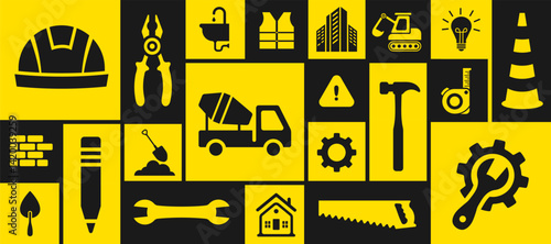 build home building construction tools geometric shape pattern background. Property, Industry and Construction Development tools icon. Housing Project, Real Estate  Residential Community.