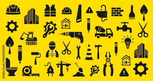 build home building construction tools pattern background. Property, Industry and Construction Development tools icon. Housing Project, Real Estate Residential Community. Construction flat icons set.