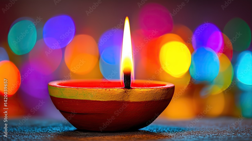 brightly lit diya lamp radiating warmth against backdrop of softly blurred multicolored lights brightly lit diya lamp radiating warmth against backdrop of softly blurred multicolored lights