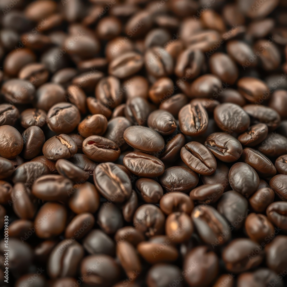Fototapeta premium Close-up of roasted coffee beans, rich brown hues, textured surface, dark background, food