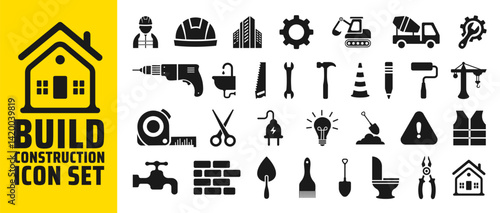set of build home building construction tools icons. Property, Industry and Construction Development tools icon. Housing Project, Real Estate Residential icon bundle. Construction flat icons set.