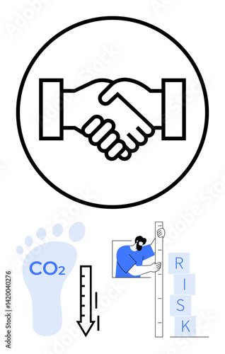 Handshake symbolizing partnership, CO2 footprint reduction, arrow indicating progress, professional assessing risk metrics. Ideal for sustainability, teamwork, innovation, compliance, responsibility