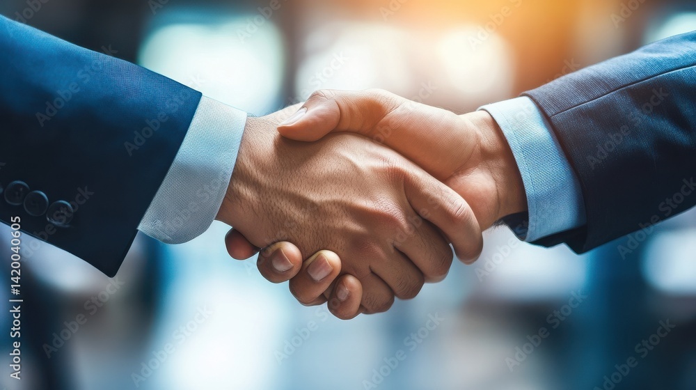 Two happy diverse professional business men executive leaders shaking hands at office meeting. Smiling businessman standing greeting partner with handshake. Leadership, trust, partnership concept. Two happy diverse professional business men executive leaders shaking hands at office meeting. Smiling businessman standing greeting partner with handshake. Leadership, trust, partnership concept.