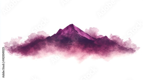 A calm and serene scenic view is created by majestic mountain peaks, rising high above the cloudscape in shades of pink and blue, set against a misty and foggy sky that resembles a work of art