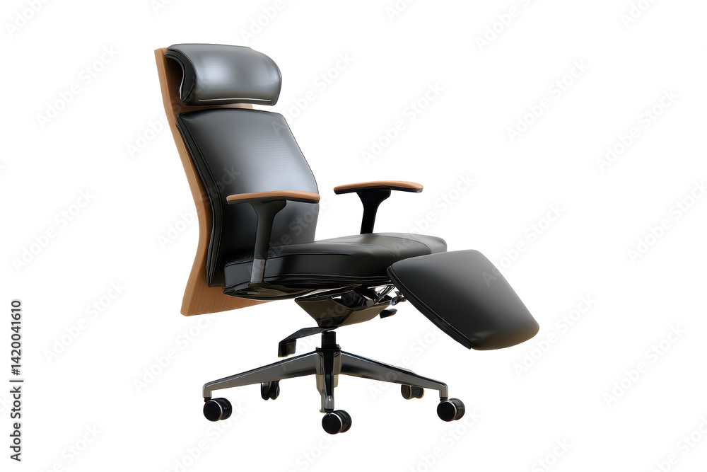 Fototapeta premium Ergonomic Excellence: A Luxurious Black Leather Office Chair with Extended Leg Rest for Ultimate Comfort and Support in Modern Workspace.