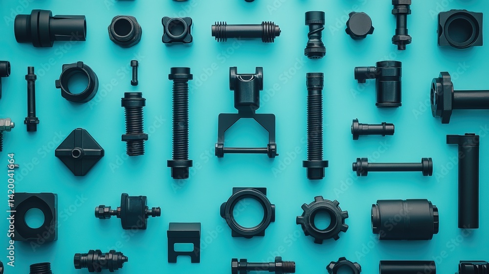 Obraz premium Pipe fittings and nozzles arranged neatly on a high-contrast teal surface
