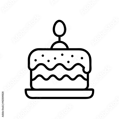 Outline drawing of a decorated birthday cake with candle on a plate icon. Celebration pastry dessert graphic illustration for party and congratulatory design.
