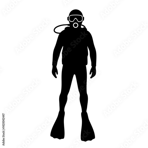 Silhouette of a scuba diver wearing a diving suit and flippers